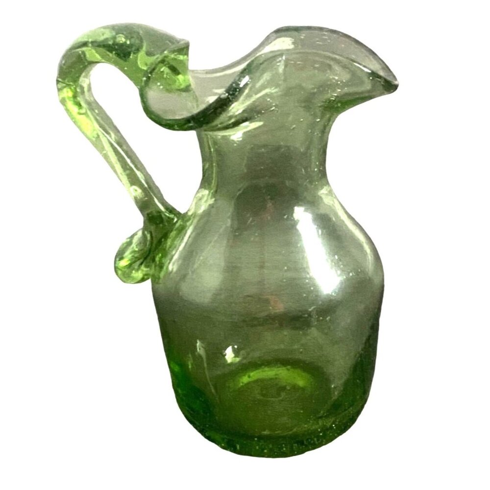 Vintage Small 5" Hand Blown Fancy Green Art Glass Pitcher-Bubble Detail-GUC